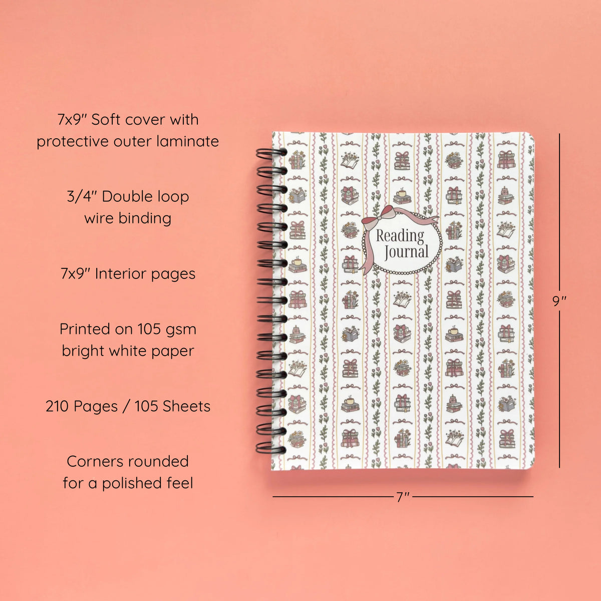 Spiral-bound softcover reading journal notebook with books and bows coquette cover design on a peach background, featuring details and dimensions
