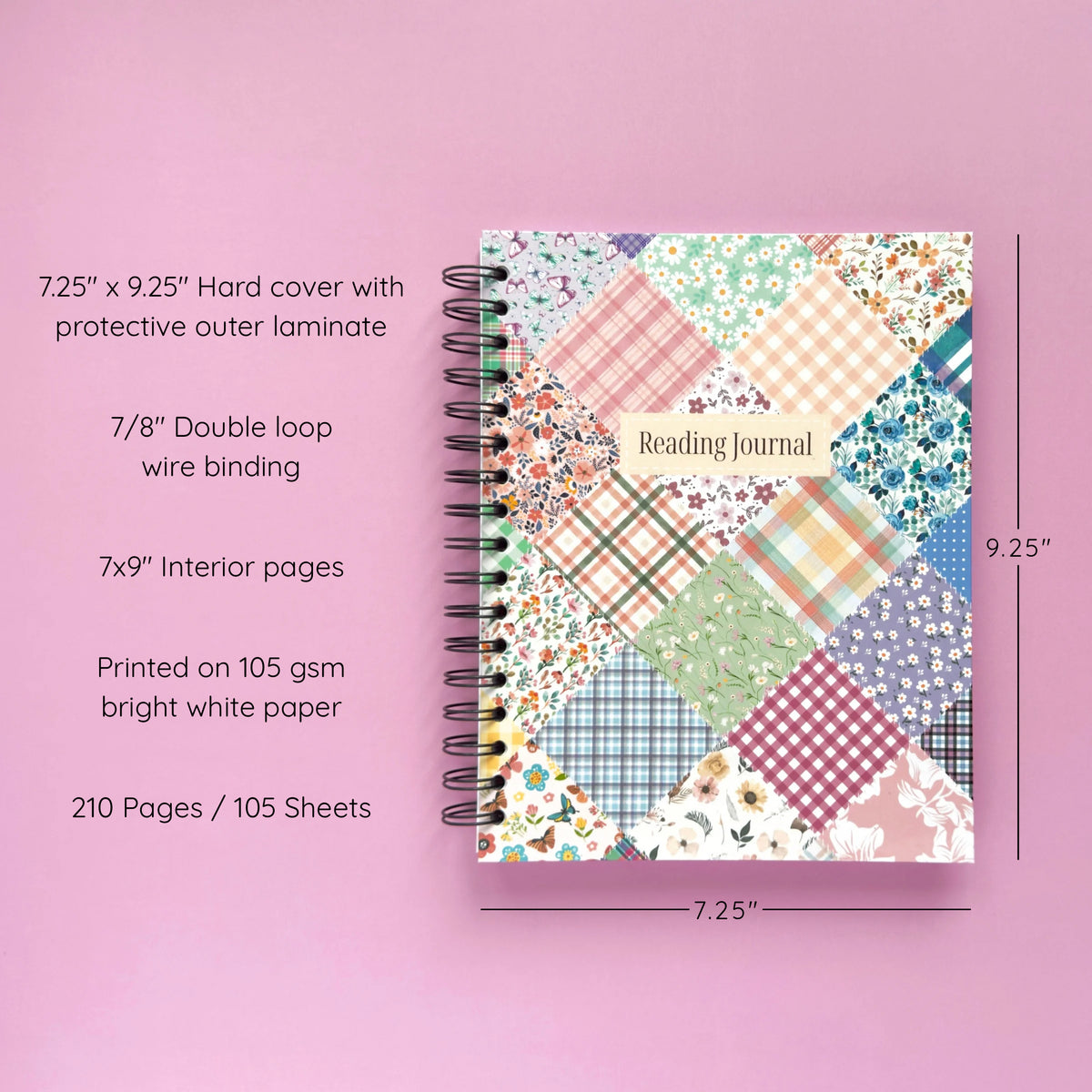Spiral-bound hardcover reading journal notebook with floral patchwork cover design on a lavender background, featuring details and dimensions