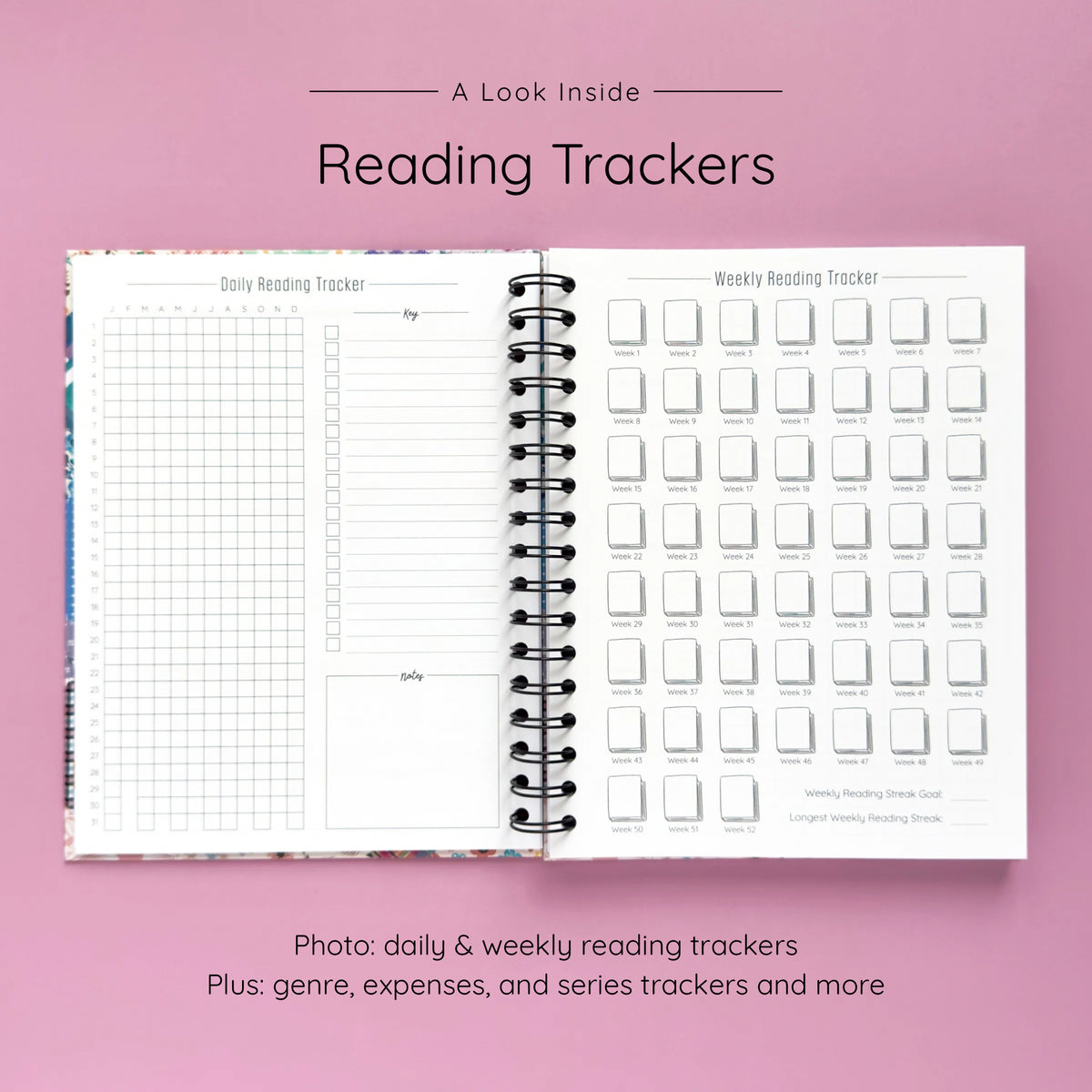 Open spiral-bound hardcover reading journal notebook showing daily and weekly reading trackers on a lavender background