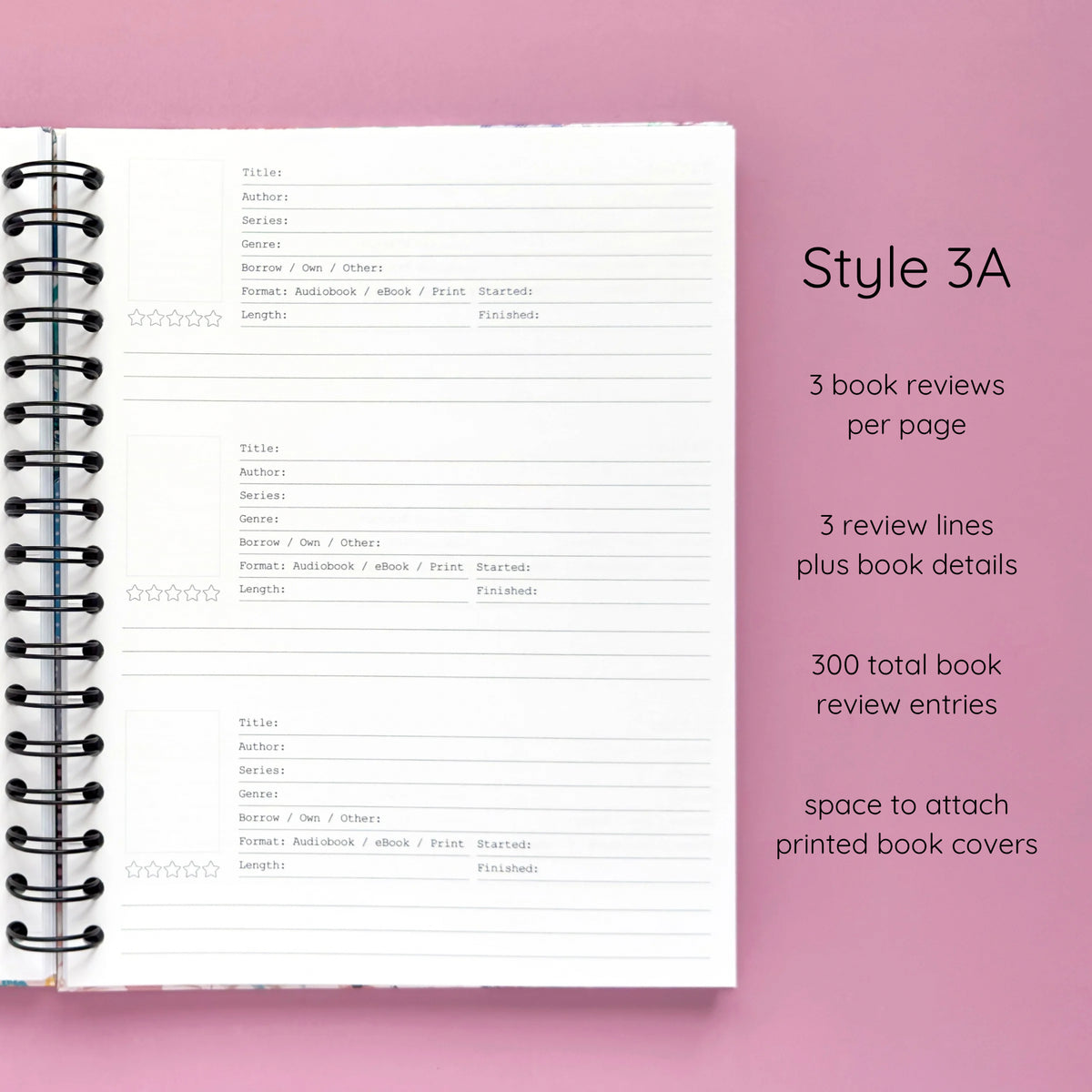 Open spiral-bound hardcover reading journal notebook showing review template option Style 3A featuring three book reviews per page and three review lines plus book details per review with space to attach printed book covers, displayed on a lavender background