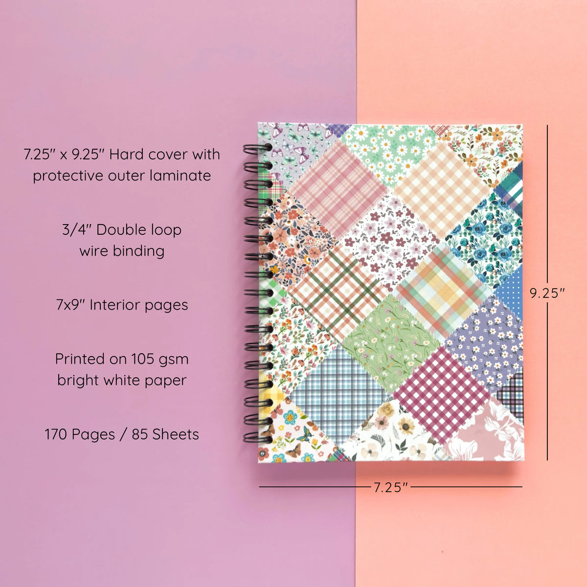 Spiral-bound hardcover lined notebook with floral patchwork cover design on a lavender and peach background, featuring details and dimensions