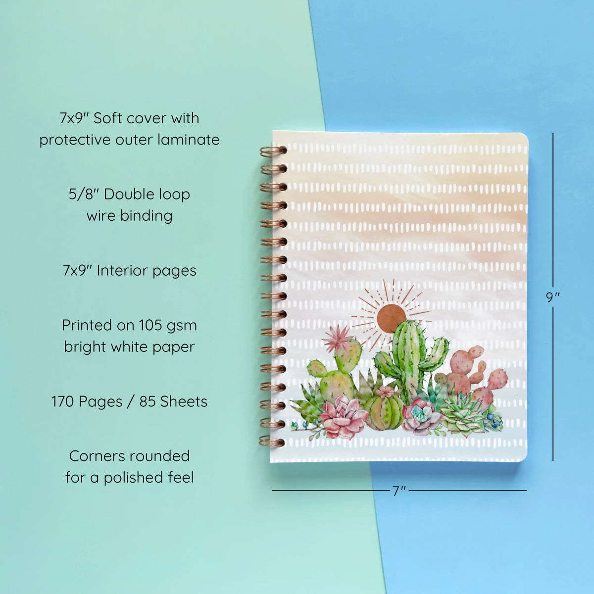 Spiral-bound softcover lined notebook with cactus and succulent cover design on a teal and blue background, featuring details and dimensions