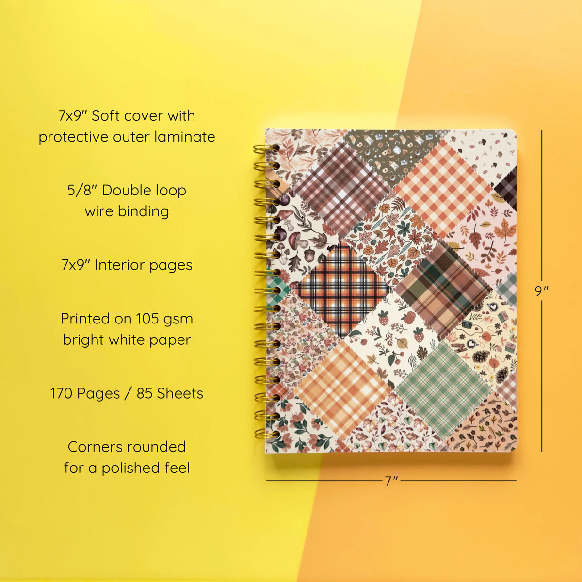 Spiral-bound softcover lined notebook with autumn patchwork cover design on a yellow and orange background, featuring details and dimensions