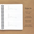 Open spiral-bound softcover reading journal notebook showing review template option Style 3A featuring three book reviews per page and three review lines plus book details per review with space to attach printed book covers, displayed on a brown background