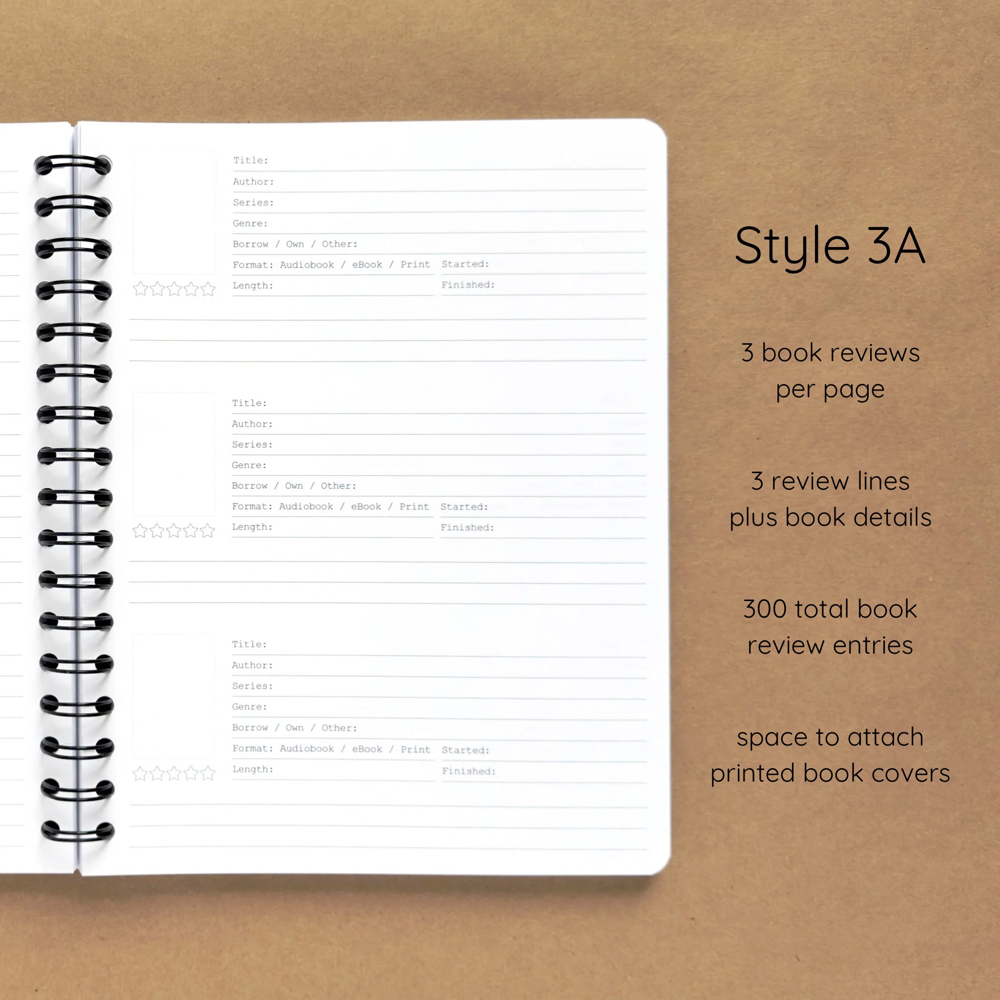 Open spiral-bound softcover reading journal notebook showing review template option Style 3A featuring three book reviews per page and three review lines plus book details per review with space to attach printed book covers, displayed on a brown background