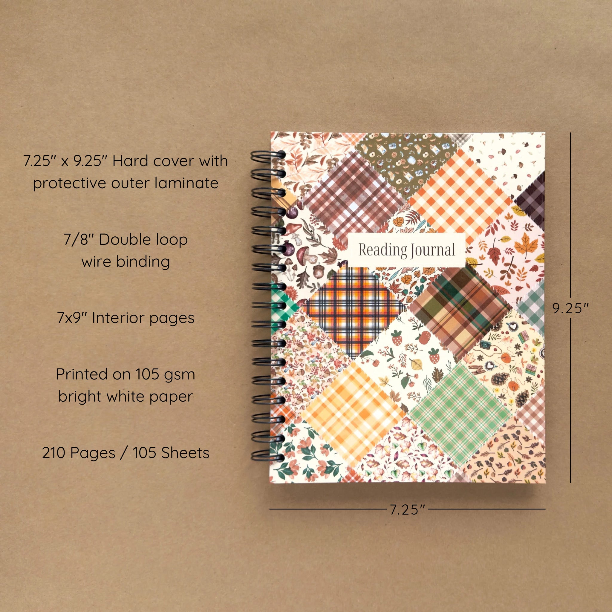 Spiral-bound hardcover reading journal notebook with autumn patchwork cover design on a brown background, featuring details and dimensions