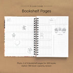 Open spiral-bound hardcover reading journal notebook showing bookshelf pages design on a brown background