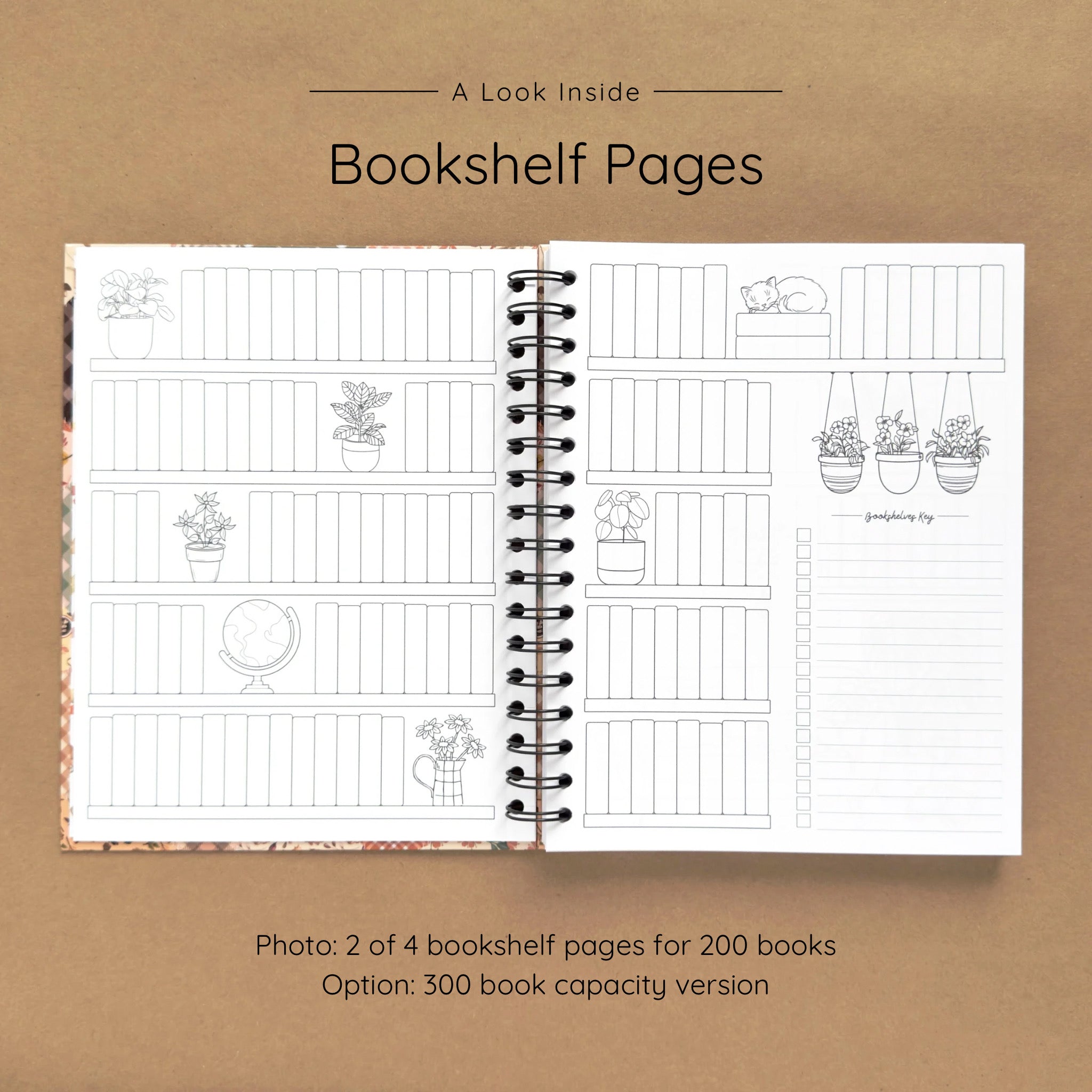 Open spiral-bound hardcover reading journal notebook showing bookshelf pages design on a brown background