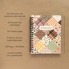 Spiral-bound softcover reading journal notebook with autumn patchwork cover design on a brown background, featuring product details and dimensions