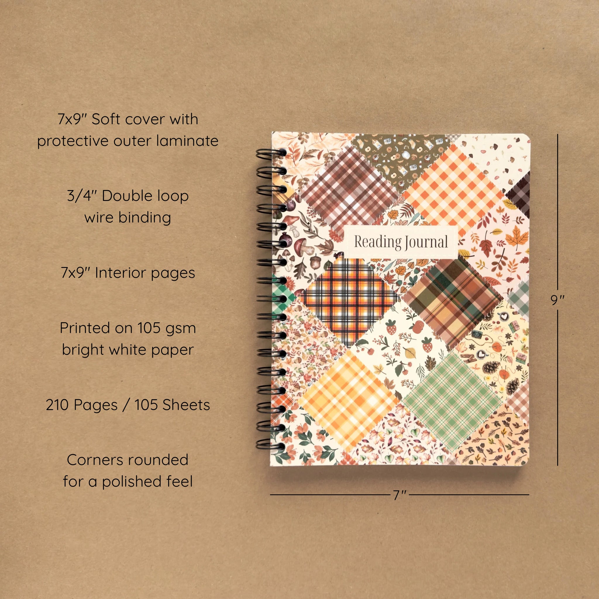 Spiral-bound softcover reading journal notebook with autumn patchwork cover design on a brown background, featuring product details and dimensions
