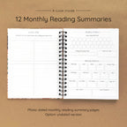 Open spiral-bound hardcover reading journal notebook showing monthly reading summary pages on a brown background