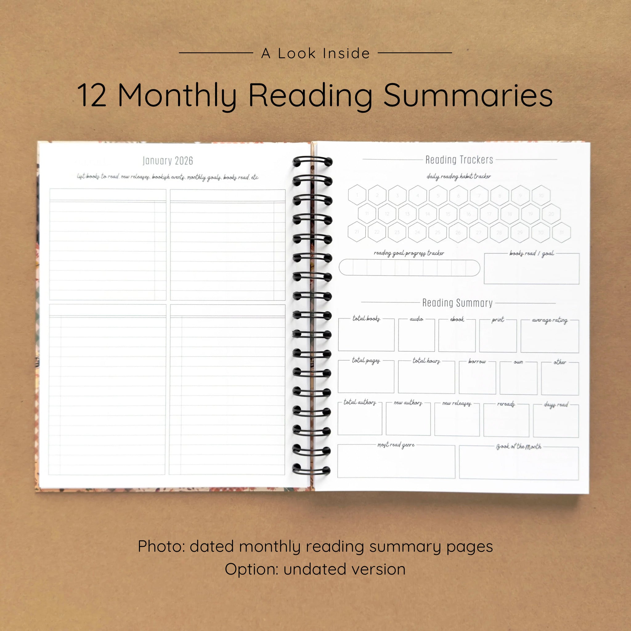 Open spiral-bound hardcover reading journal notebook showing monthly reading summary pages on a brown background