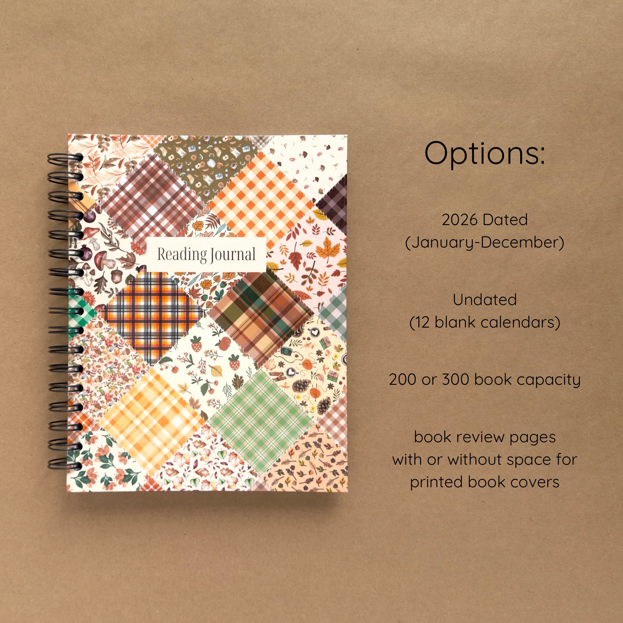 Spiral-bound hardcover reading journal notebook with autumn patchwork cover design and variant option details on a brown background