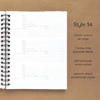 Open spiral-bound hardcover reading journal notebook showing review template option Style 3A featuring three book reviews per page and three review lines plus book details per review with space to attach printed book covers, displayed on a brown background