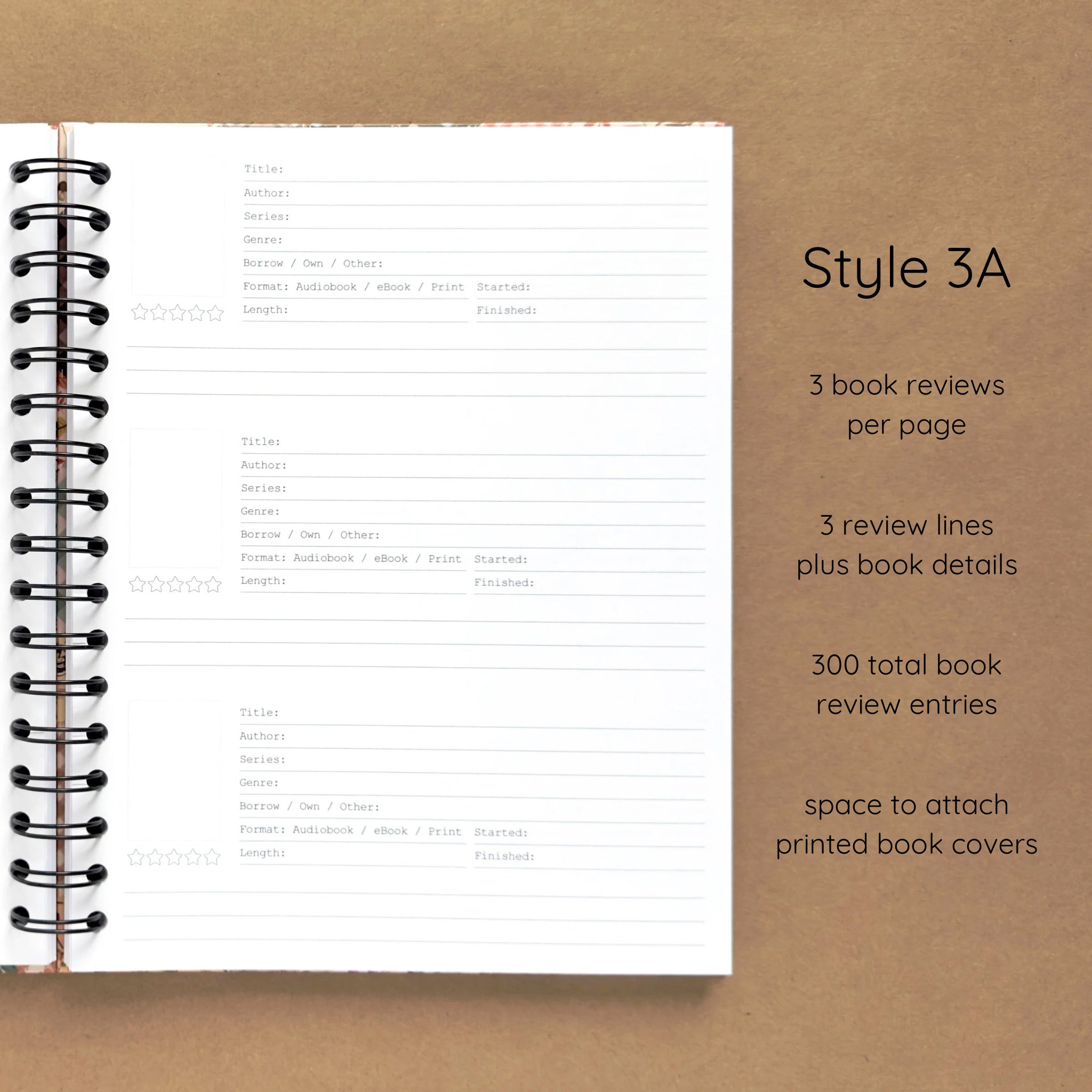 Open spiral-bound hardcover reading journal notebook showing review template option Style 3A featuring three book reviews per page and three review lines plus book details per review with space to attach printed book covers, displayed on a brown background