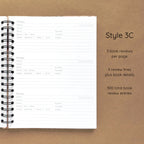 Open spiral-bound hardcover reading journal notebook showing review template option Style 3C featuring three book reviews per page and four review lines plus book details per review, displayed on a brown background