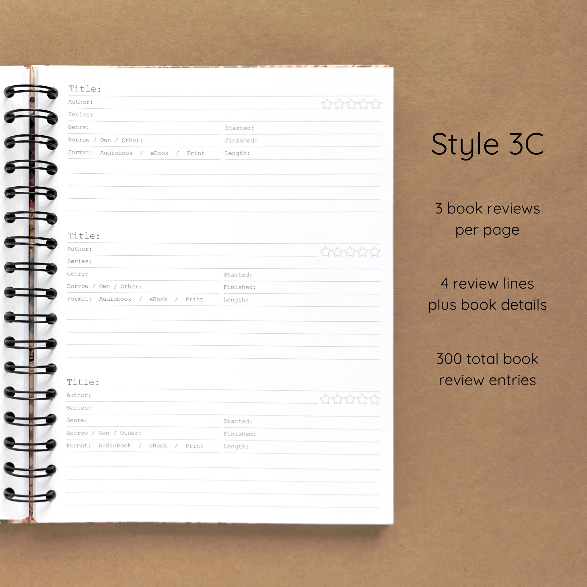 Open spiral-bound hardcover reading journal notebook showing review template option Style 3C featuring three book reviews per page and four review lines plus book details per review, displayed on a brown background