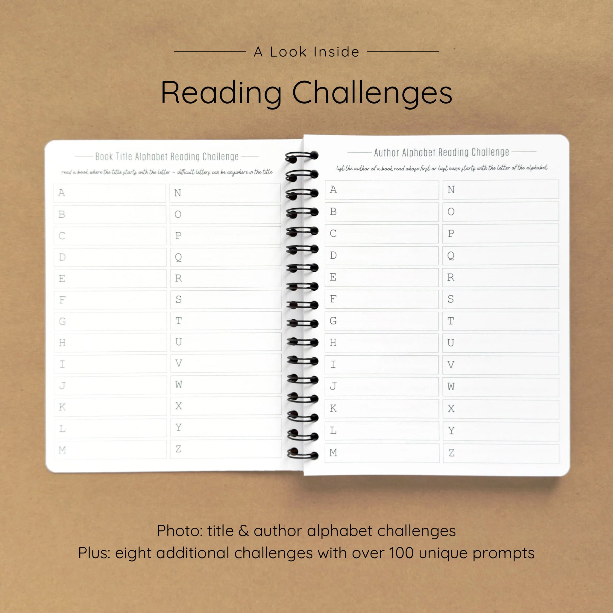 Open spiral-bound softcover reading journal notebook showing alphabet reading challenges on a brown background