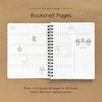 Open spiral-bound softcover reading journal notebook showing bookshelf pages design on a brown background