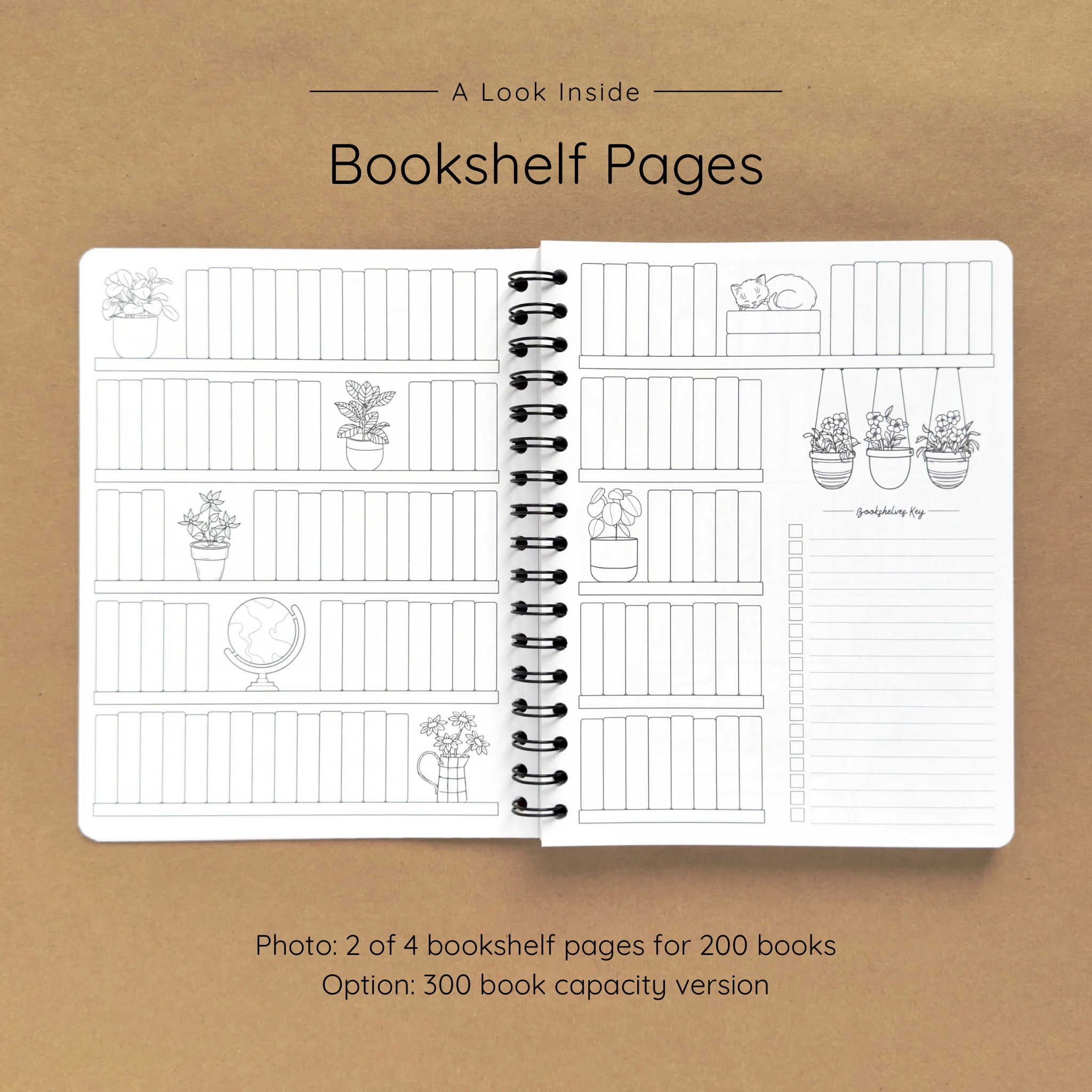 Open spiral-bound softcover reading journal notebook showing bookshelf pages design on a brown background