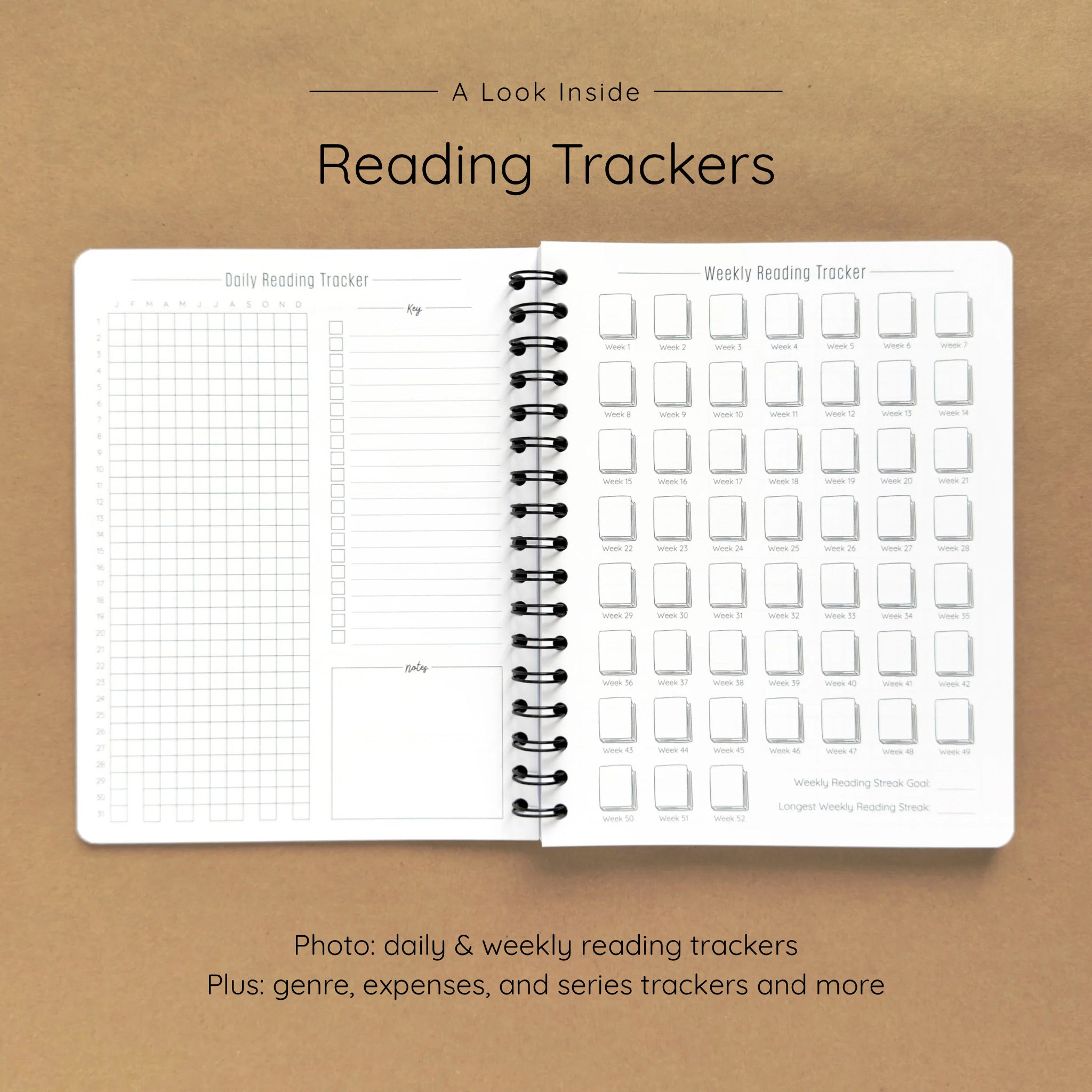 Open spiral-bound softcover reading journal notebook showing daily and weekly reading trackers on a brown background