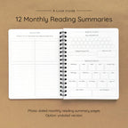 Open spiral-bound softcover reading journal notebook showing monthly reading summary pages on a brown background