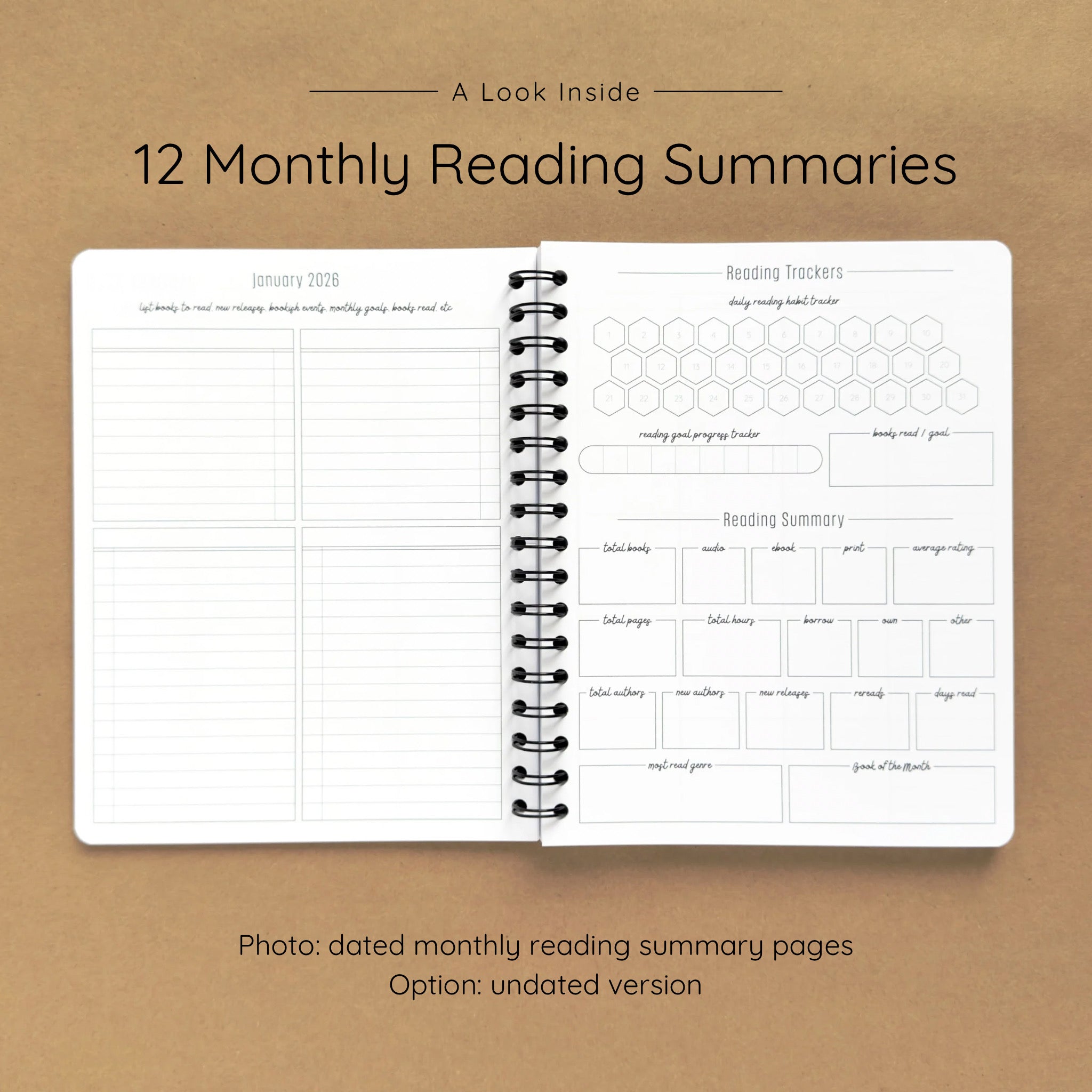 Open spiral-bound softcover reading journal notebook showing monthly reading summary pages on a brown background