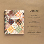 Spiral-bound softcover reading journal notebook with autumn patchwork cover design and variant option details on a brown background