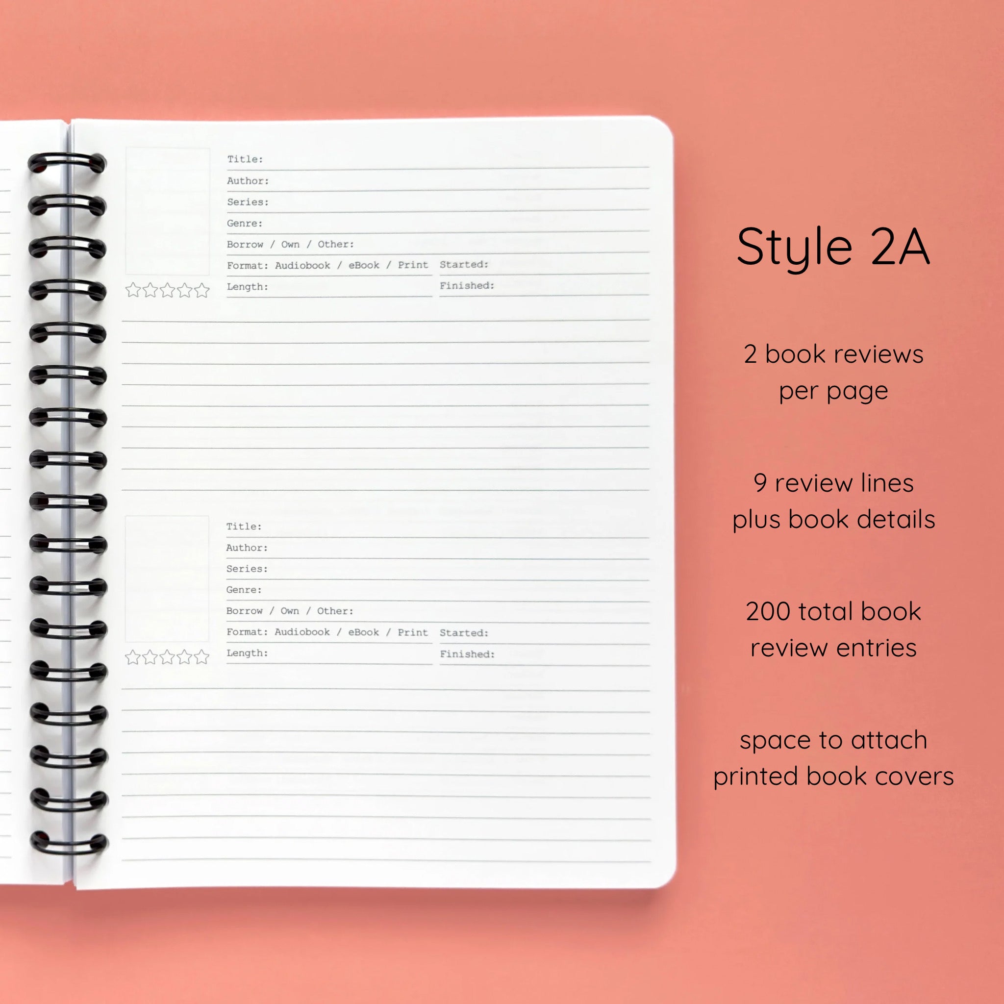 Open spiral-bound softcover reading journal notebook showing review template option Style 2A featuring two book reviews per page and nine review lines plus book details per review with space to attach printed book covers, displayed on a peach background