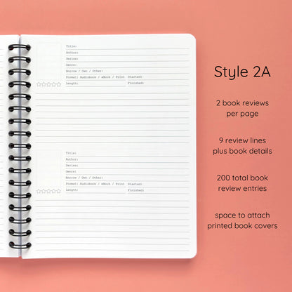 Open spiral-bound softcover reading journal notebook showing review template option Style 2A featuring two book reviews per page and nine review lines plus book details per review with space to attach printed book covers, displayed on a peach background