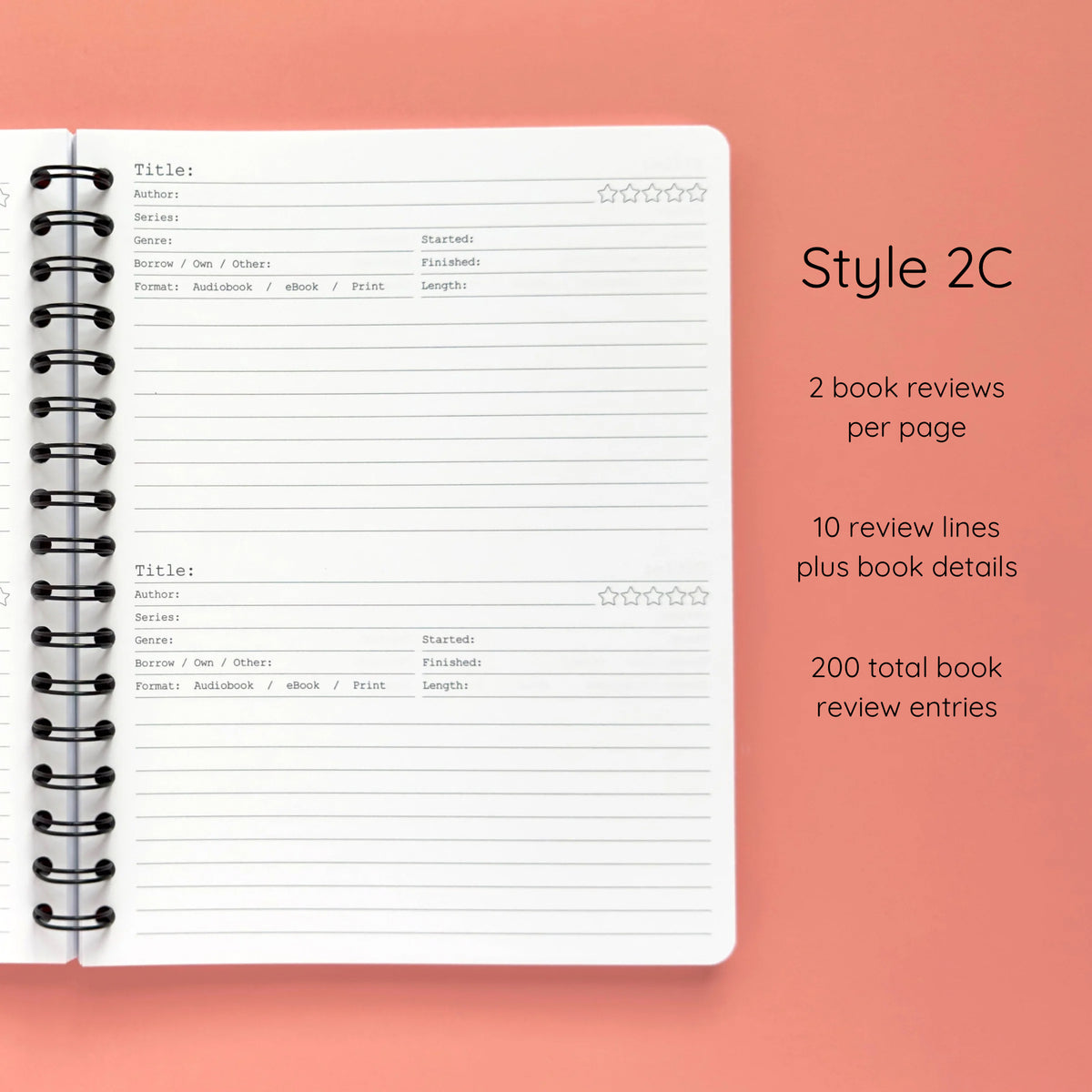 Open spiral-bound softcover reading journal notebook showing review template option Style 2C featuring two book reviews per page and ten review lines plus book details per review, displayed on a peach background