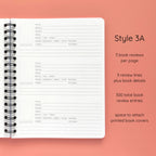 Open spiral-bound softcover reading journal notebook showing review template option Style 3A featuring three book reviews per page and three review lines plus book details per review with space to attach printed book covers, displayed on a peach background