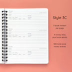 Open spiral-bound softcover reading journal notebook showing review template option Style 3C featuring three book reviews per page and four review lines plus book details per review, displayed on a peach background