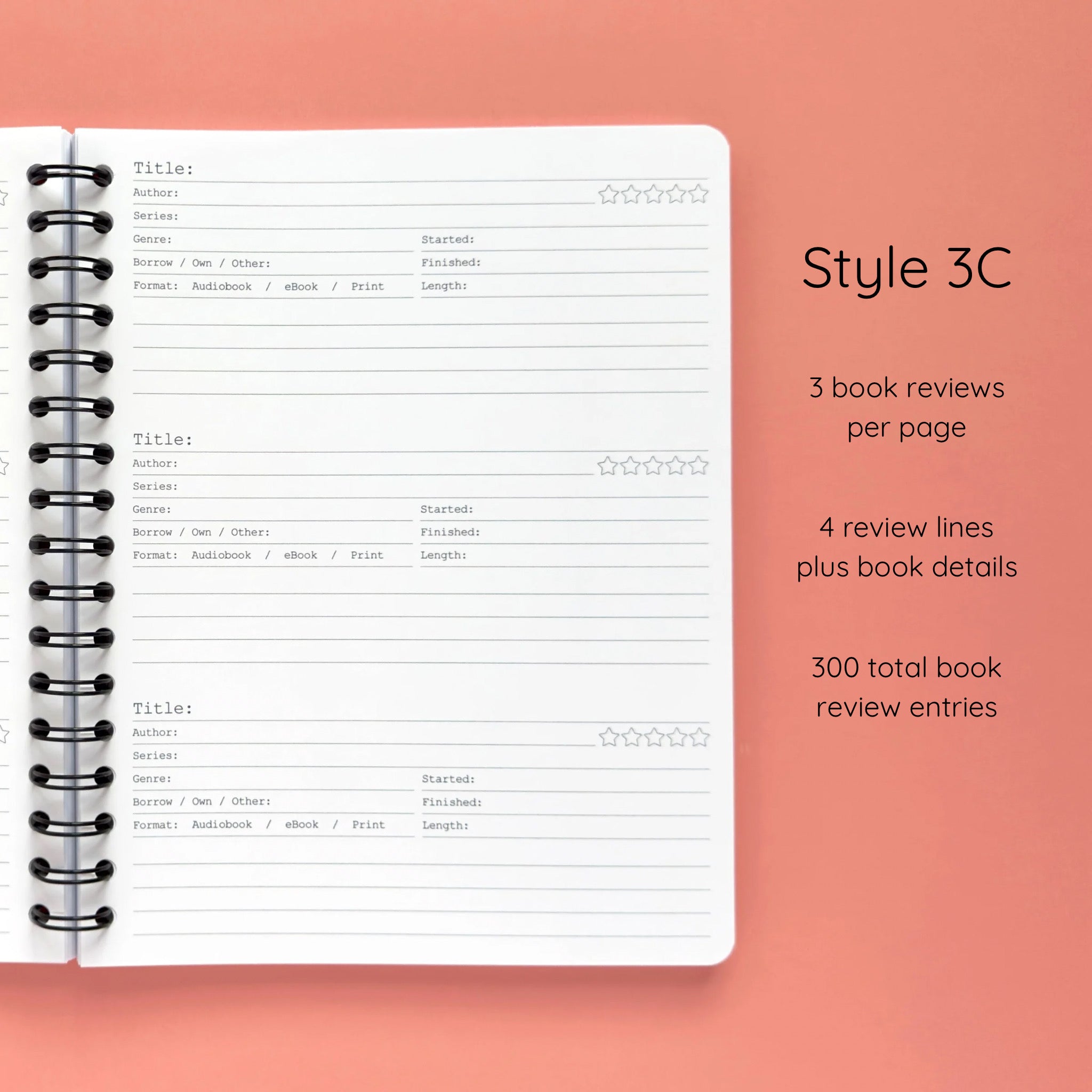 Open spiral-bound softcover reading journal notebook showing review template option Style 3C featuring three book reviews per page and four review lines plus book details per review, displayed on a peach background
