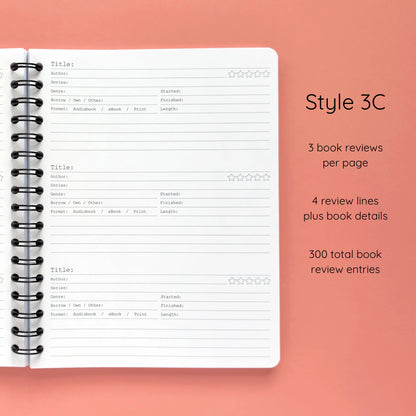 Open spiral-bound softcover reading journal notebook showing review template option Style 3C featuring three book reviews per page and four review lines plus book details per review, displayed on a peach background
