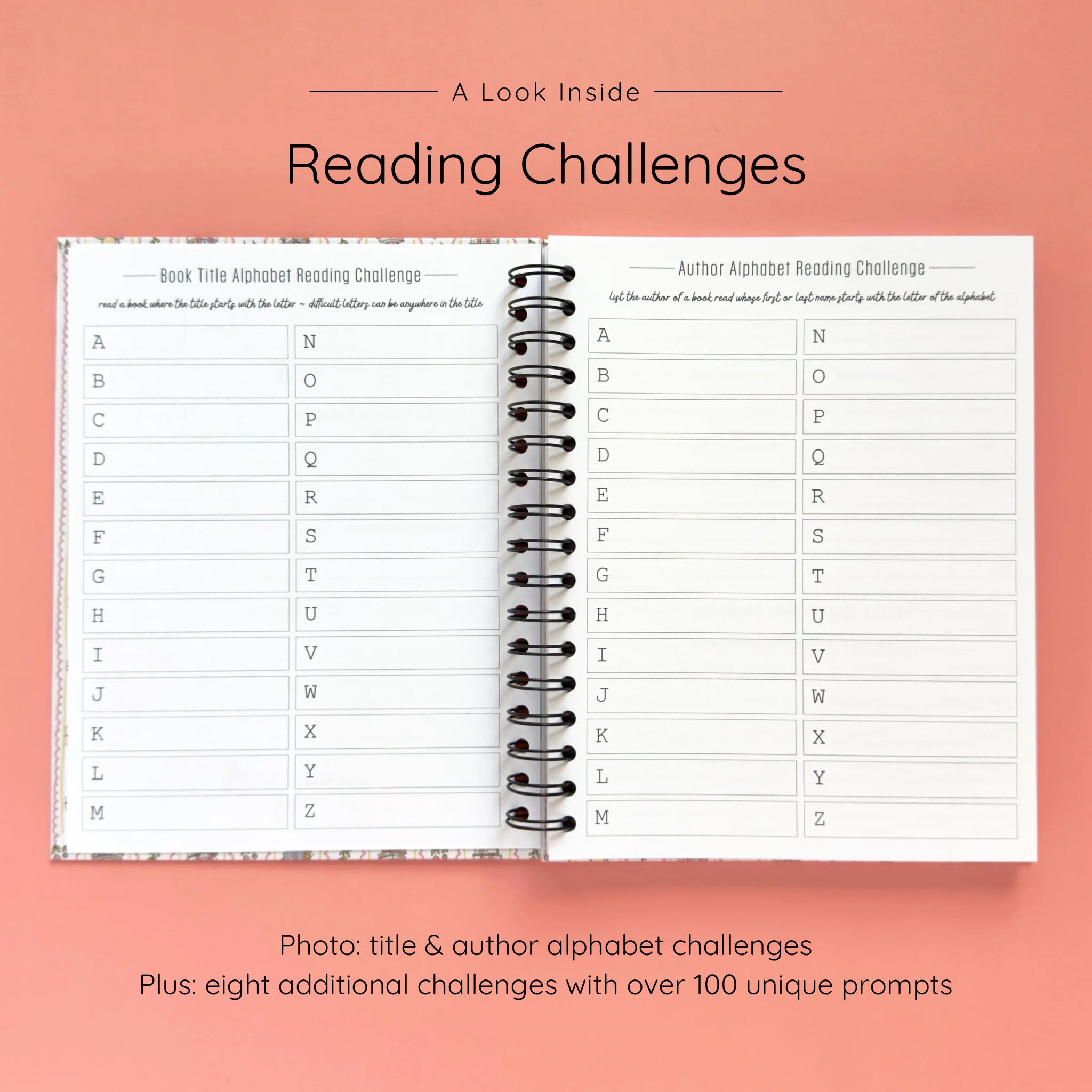 Open spiral-bound hardcover reading journal notebook showing alphabet reading challenges on a peach background