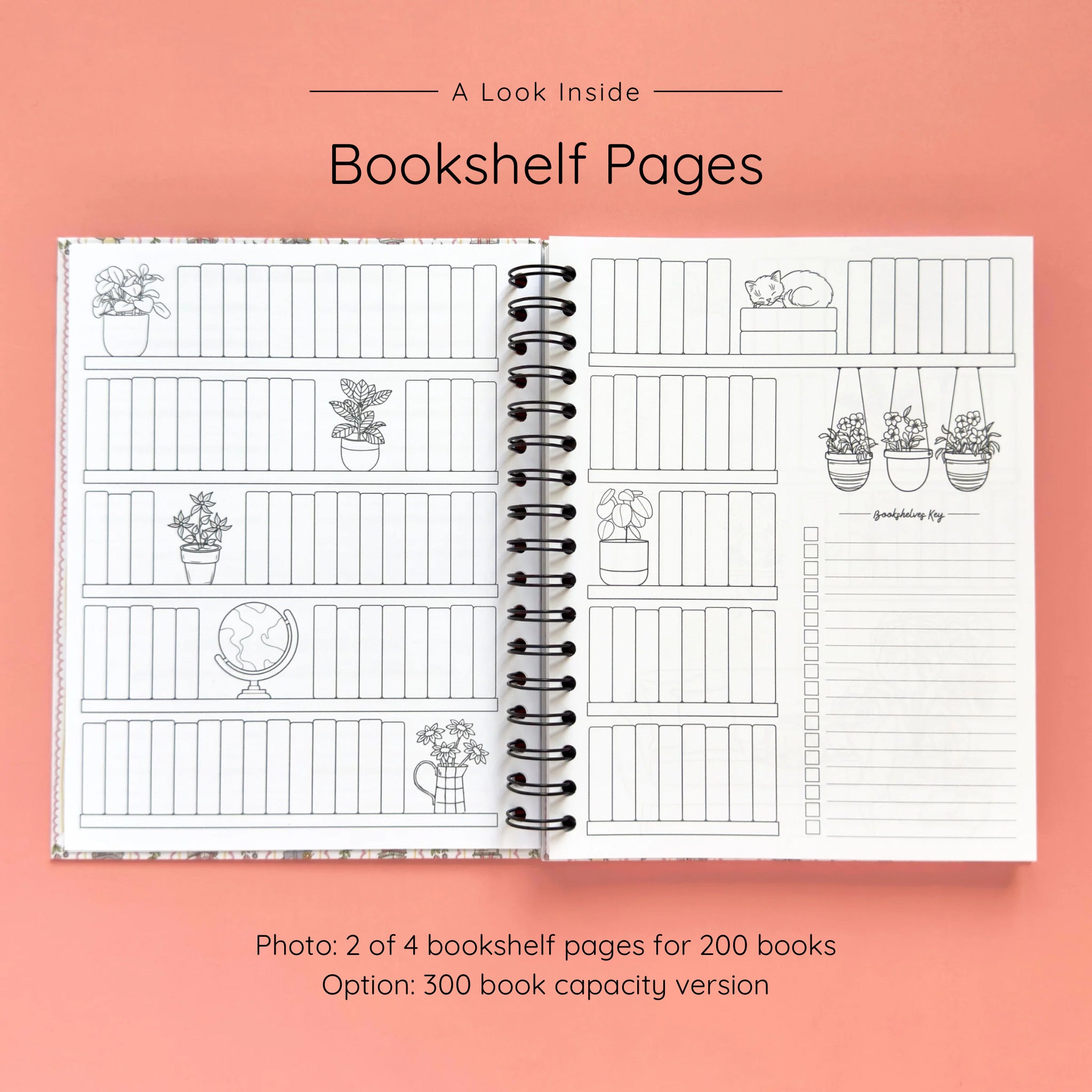 Open spiral-bound hardcover reading journal notebook showing bookshelf pages design on a peach background