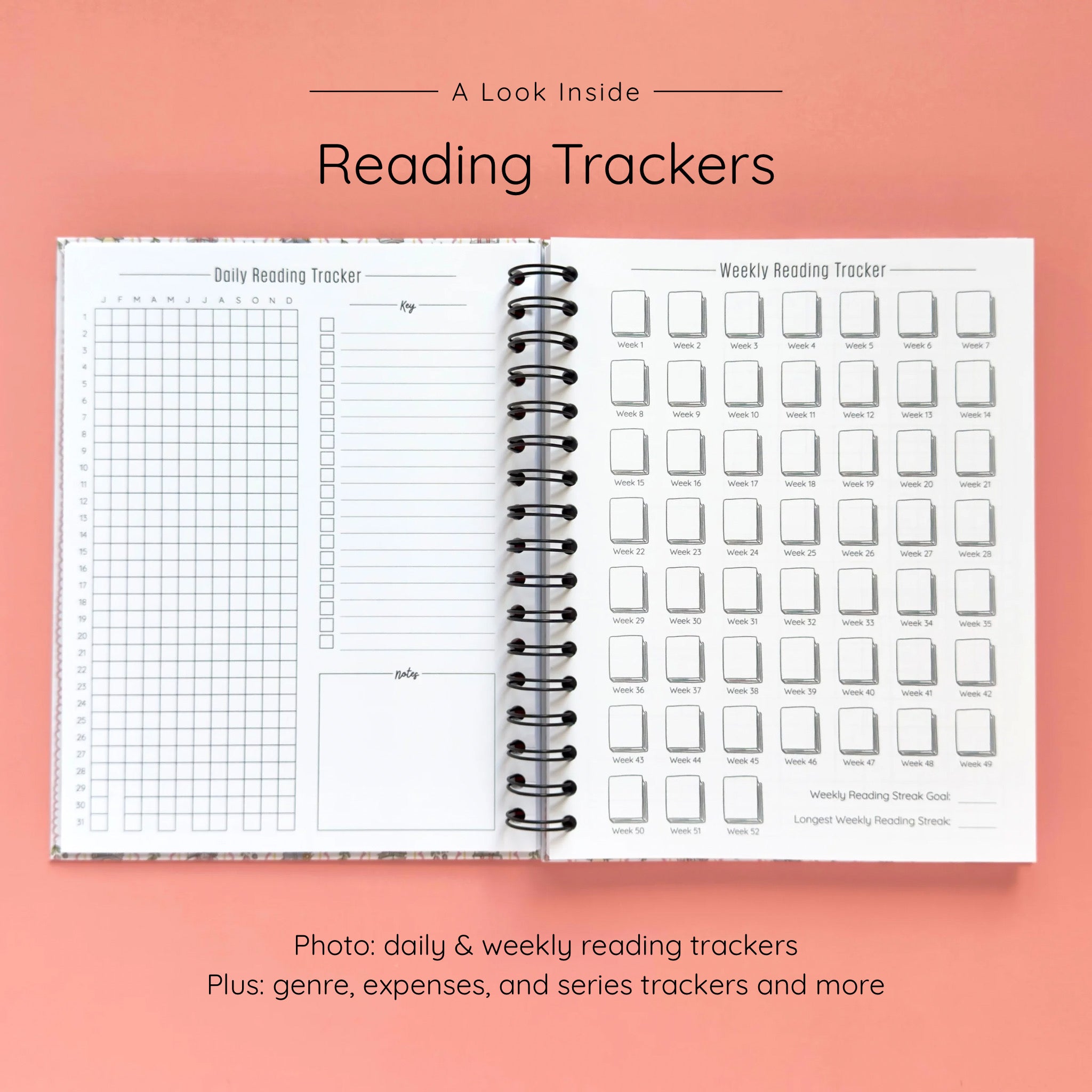 Open spiral-bound hardcover reading journal notebook showing daily and weekly reading trackers on a peach background