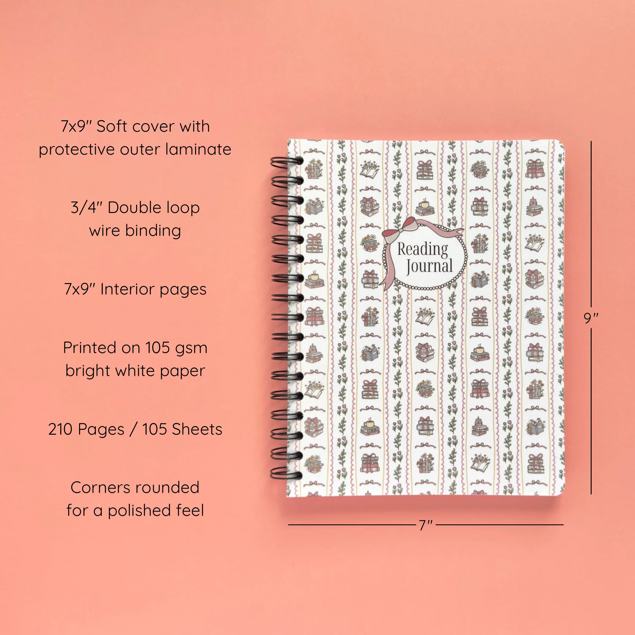 Spiral-bound softcover reading journal notebook with books and bows coquette cover design on a peach background, featuring details and dimensions