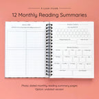 Open spiral-bound hardcover reading journal notebook showing monthly reading summary pages on a peach background