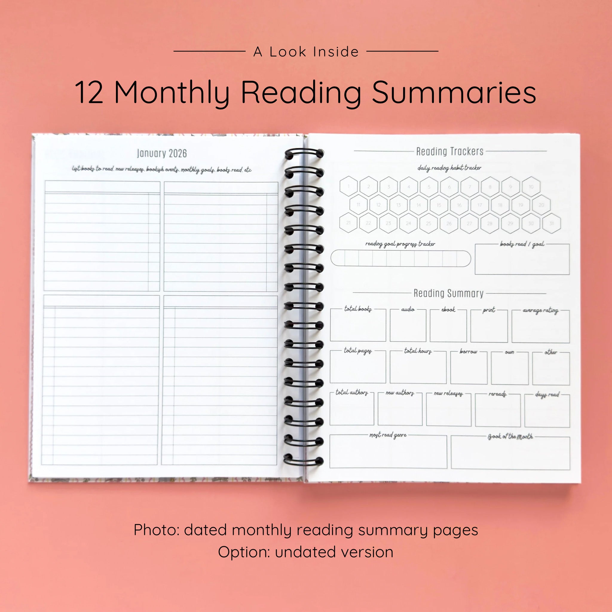 Open spiral-bound hardcover reading journal notebook showing monthly reading summary pages on a peach background