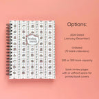 Spiral-bound hardcover reading journal notebook with books and bows coquette cover design and variant option details on a peach background