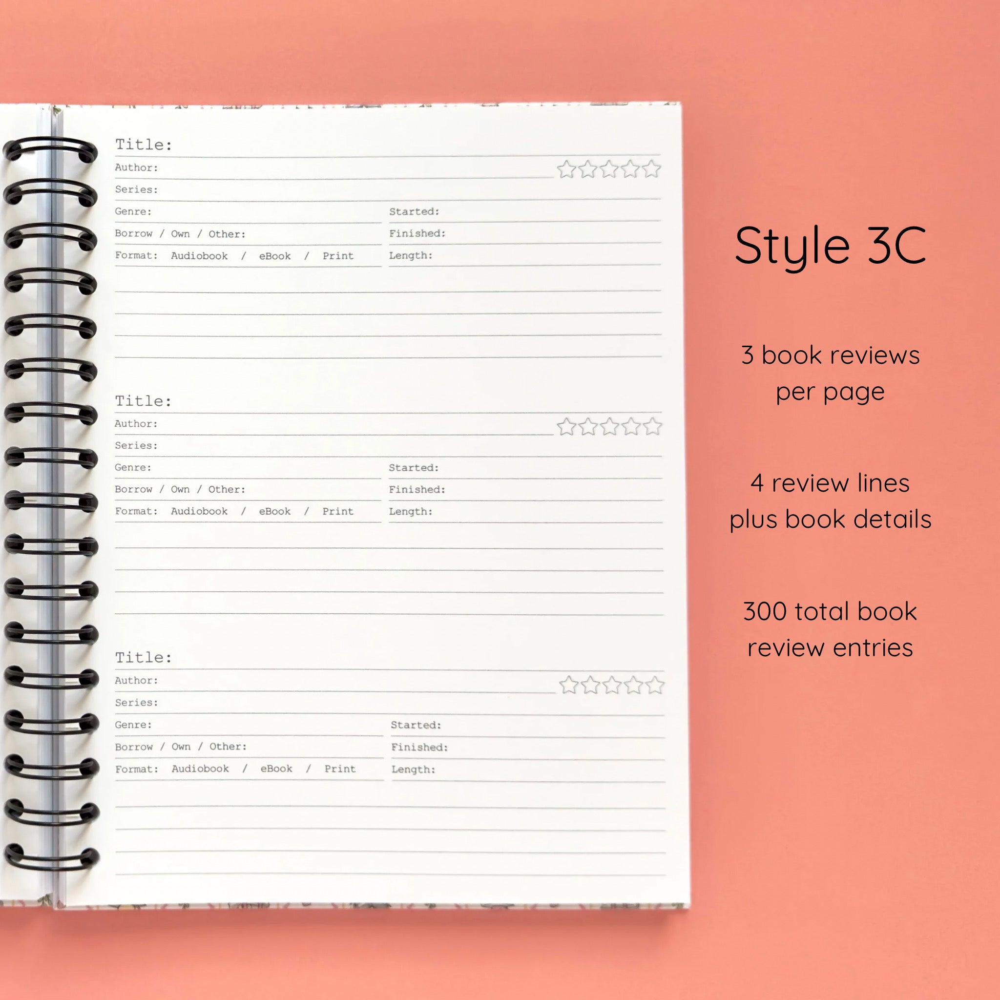 Open spiral-bound hardcover reading journal notebook showing review template option Style 3C featuring three book reviews per page and four review lines plus book details per review, displayed on a peach background
