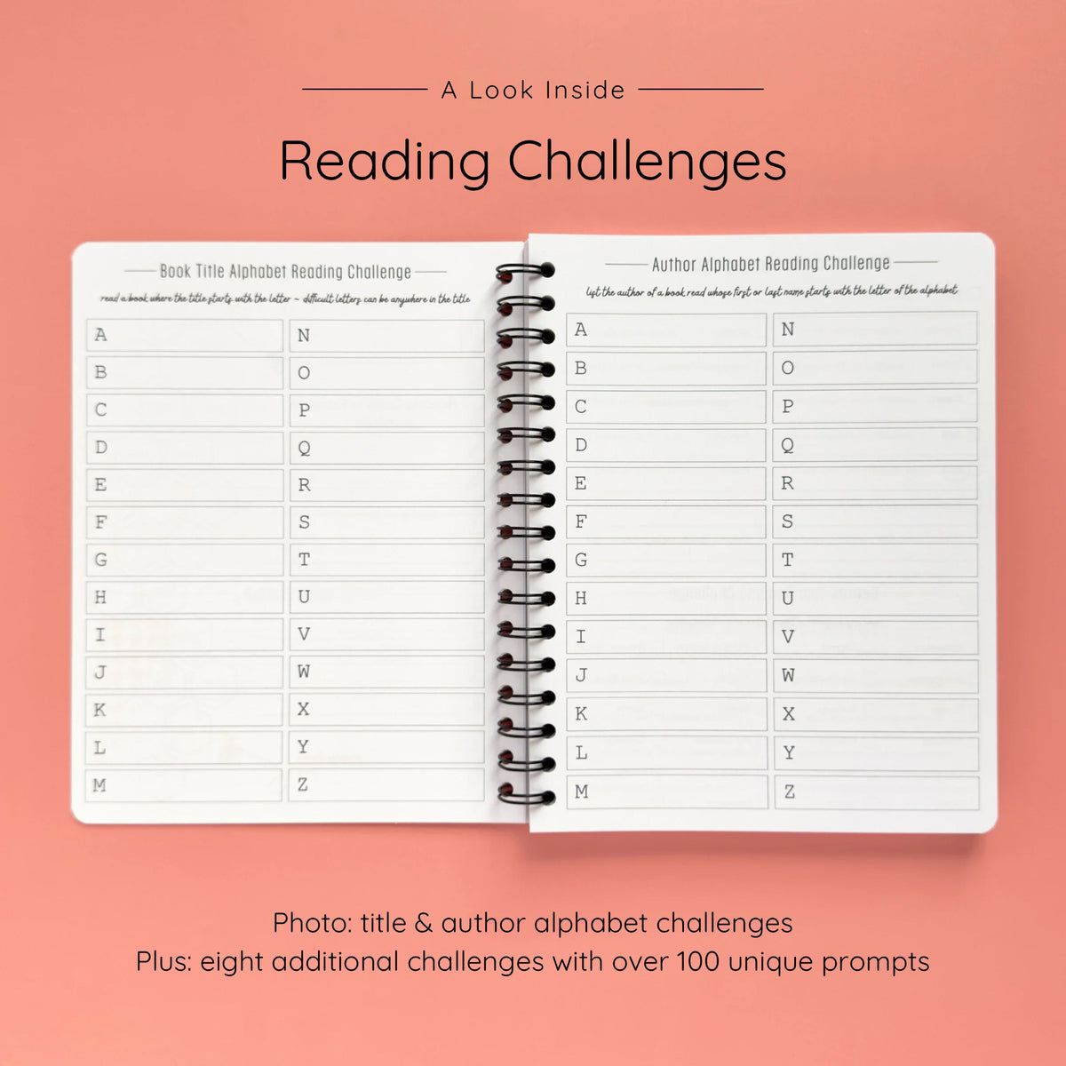 Open spiral-bound softcover reading journal notebook showing alphabet reading challenges on a peach background