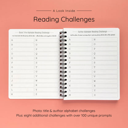Open spiral-bound softcover reading journal notebook showing alphabet reading challenges on a peach background