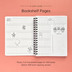 Open spiral-bound softcover reading journal notebook showing bookshelf pages design on a peach background
