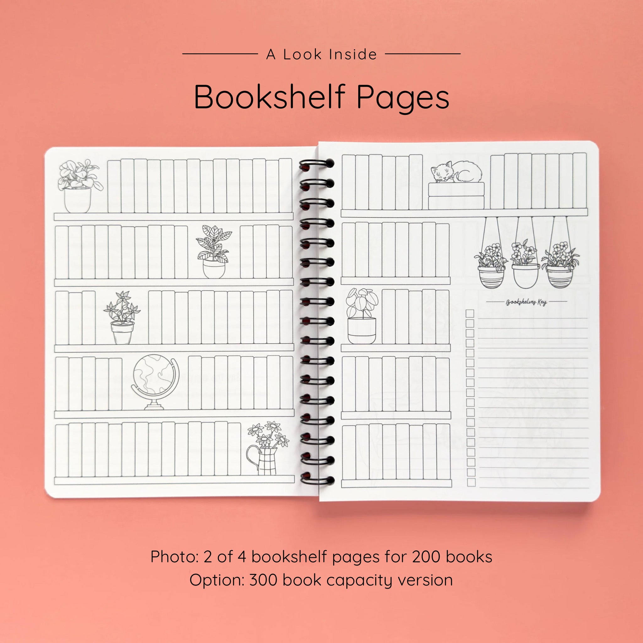 Open spiral-bound softcover reading journal notebook showing bookshelf pages design on a peach background