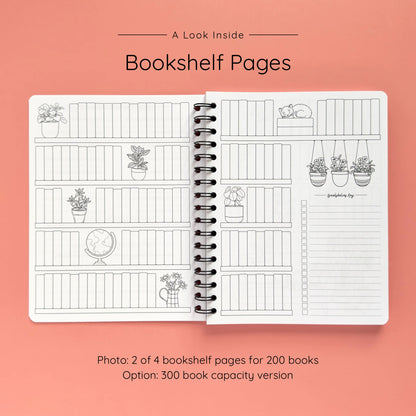 Open spiral-bound softcover reading journal notebook showing bookshelf pages design on a peach background