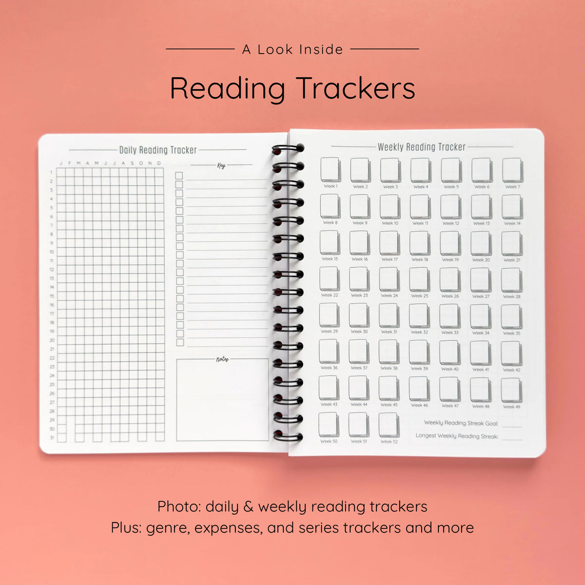 Open spiral-bound softcover reading journal notebook showing daily and weekly reading trackers on a peach background