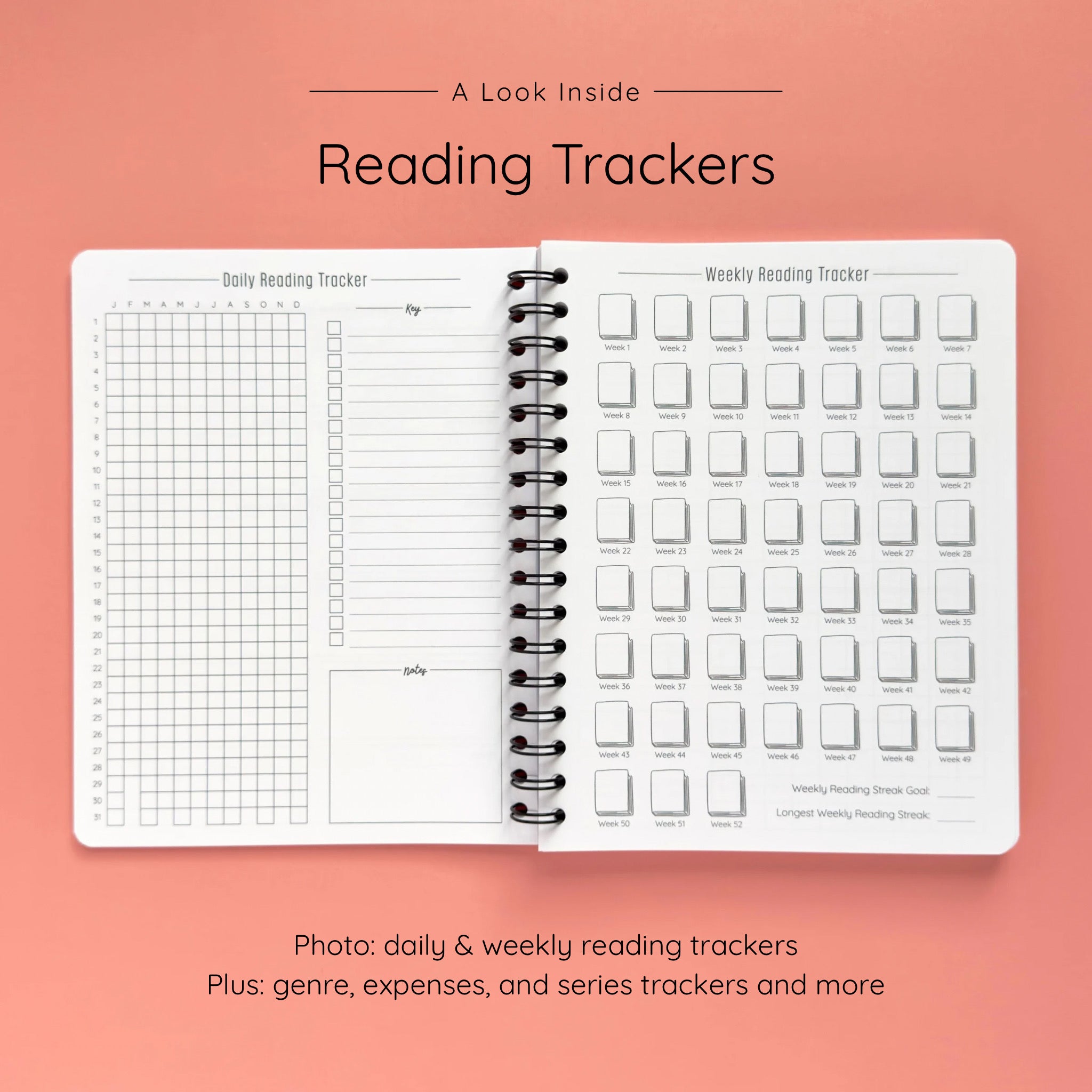 Open spiral-bound softcover reading journal notebook showing daily and weekly reading trackers on a peach background